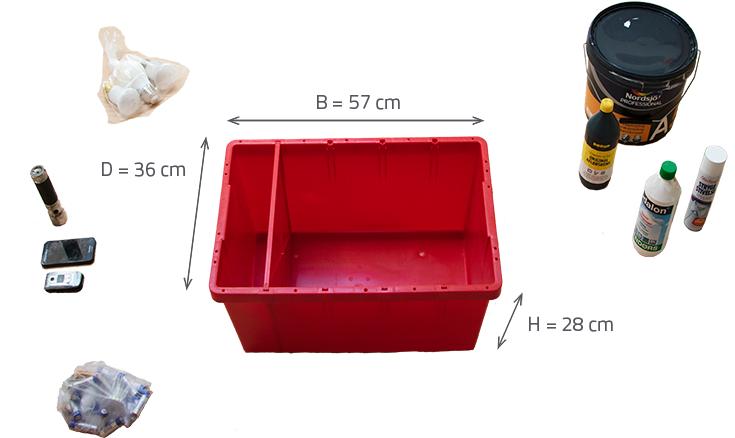 Miljøkasse med dimensioner vist på billedet, 57 cm i bredde, 36 cm i dybde og 28 cm i højde